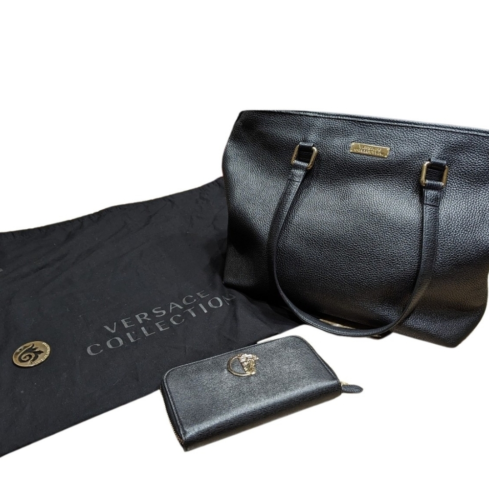 Versace Collection Black Leather Tote Bag And Wallet